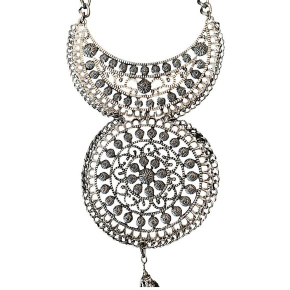 Filigree Crescent Moon and Circle Silver Tassel Necklace Boho Statement - Picture 2 of 5